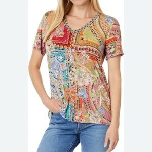 NWT Johnny Was Mosaic Short Sleeve V-neck Tee